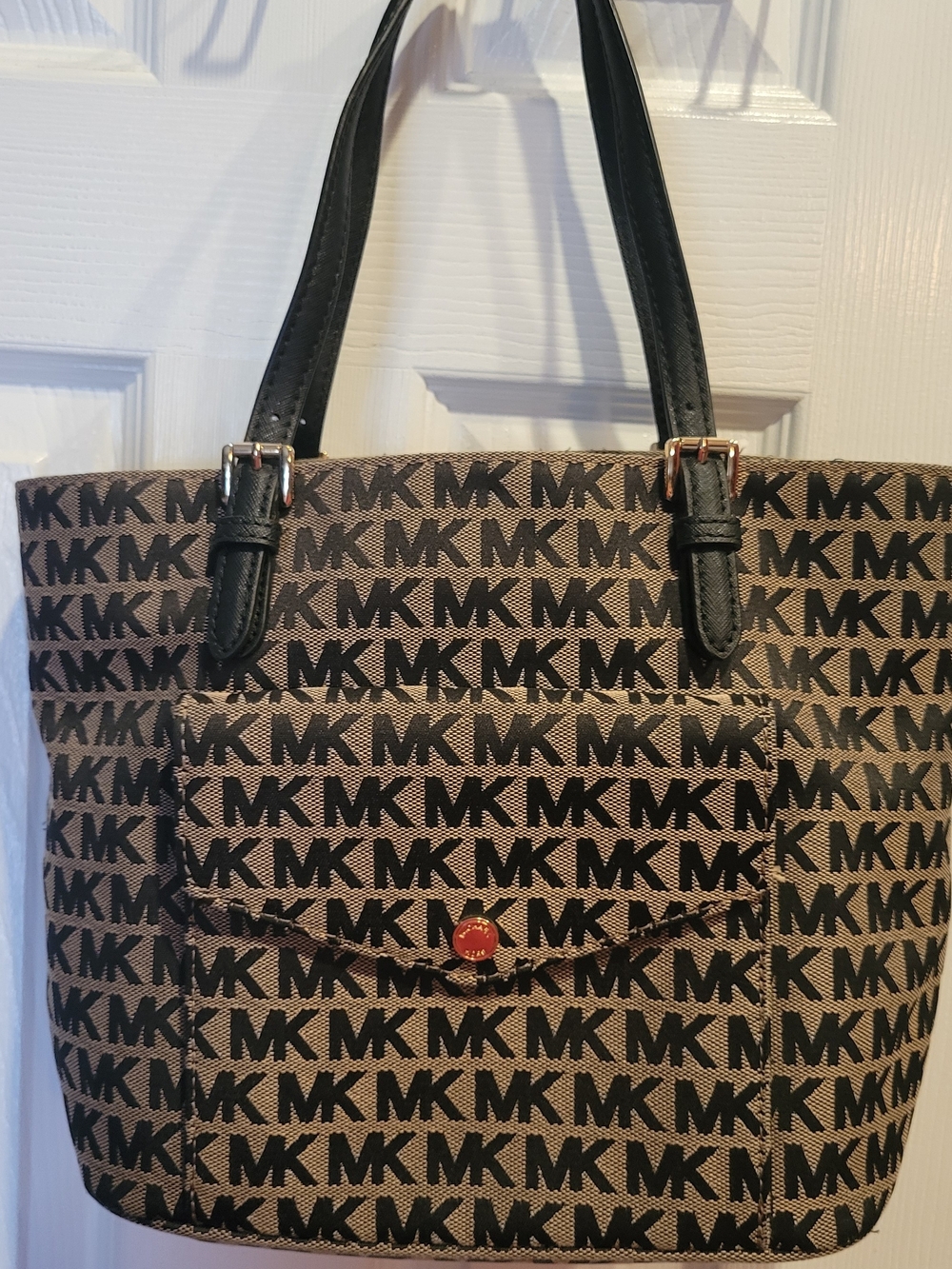 Michael Kors Black and Brown MK Logo Tote with Front Pocket